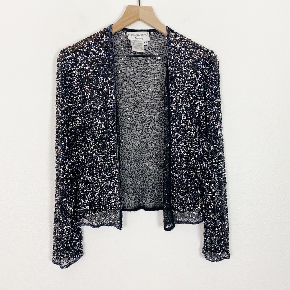 Vintage Papell Boutique Evening Sheer Silk Sequins Beaded Jacket Medium Petite